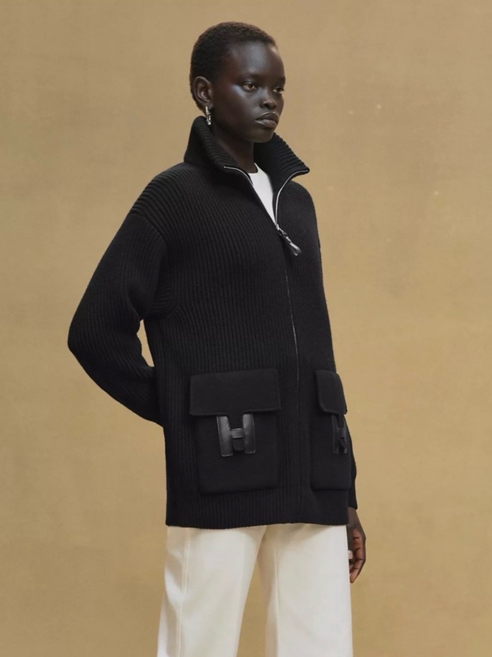 Hermès Black Ribbed Zip-Up Jacket with Front Pockets